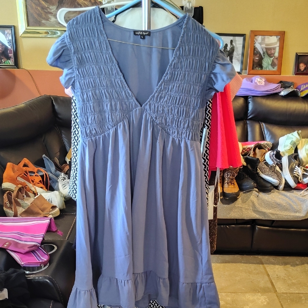 Softly Gathered V-Neck Midi Dress in Slate Blue